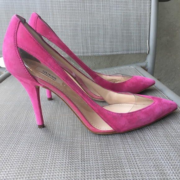 GUESS Pink Suede Clear Lucite Trim Japeen Pumps Heels 7.5 - Picture 1 of 12